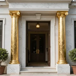 marble withe, hall entrance 2 gold fractal collums on portal, photorealistic detailed macro