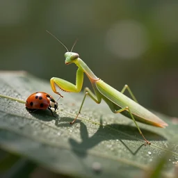 a macro tilt shift render of a praying mantis eating a ladybug