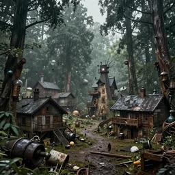 a steampunk village in a forest, surrounded by giant trees, in the rain, photo realistic, junk everywhere, atmospheric, 8k
