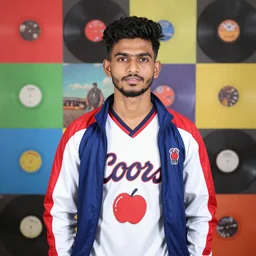 a young indian man in the centre of the image wearing a coors jersey, a red white and blue jacket, surrounded by a collage of different elements, album art, vibrant colors, photograph