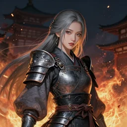 portrait jisoo blackpink samurai girl, grey hair armored samurai clothes, in japanese temple fire stormy sparkles night, ssci - fi and fantasy, intricate and very very beautiful and elegant, highly detailed, digital painting, artstation, concept art, smooth and sharp focus, illustration, art by tian zi and wlop and alphonse mucha