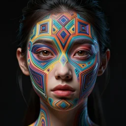 face of a girl, with colorful geometric patterns, intricate, symmetrical, complexity, volumetric dramatic light, dark black background, sharp focus, highly realistic, octane render, art by greg rutsowski