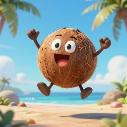 The friendly coconut character with a face arms and legs jumps for joy! Action photo. Highly stylized. Anime.