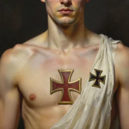 he - man, closeup portrait, sci fi, fantasy, intricate, with german iron cross onbare chest, elegant, loin cloth, highly detailed, oill painting, artstation, concept art, matte, sharp focus, painting by earl norem!!