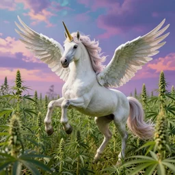 a unicorn with wings dancing in a field of tall marijuana plants with a psychedelic sky,, ultra realistic, concept art, intricate details, highly detailed, photorealistic, octane render, 8 k, style of jean baptiste monge