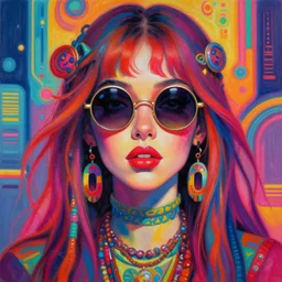 colorful painting of a female hippie with round sunglasses, set in the future 2 1 5 0 | highly detailed | very intricate | symmetrical | professional model | cinematic lighting | award - winning | painted by mandy jurgens and ross tran | pan futurism, dystopian, bold psychedelic colors, cyberpunk, groovy vibe, anime aesthestic | featured on artstation