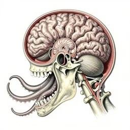 hyper-detailed vintage color pencil antique medical illustration of Kaiju head cross-section, nautilus brain, ribcage, xhenomorph, with tentacles coming out of open mouth and exposed jaw bone, spinal column, cerebral corpus callosum, vastus lateralis, cerebellar peduncle, interventricular foramen, symmetrical H 768