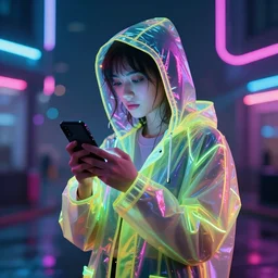 a woman in a neon raincoat using a cell phone, cyberpunk art by elsa bleda, featured on shutterstock, panfuturism, neon, futuristic, glowing neon