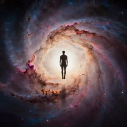 wide shot of athletic man, floating toward an incredible light, silhouette, long shot, in a cosmic nebula background, thought provoking, matte colors, very very very dramatic lighting, abstract and inspiring digital art trending on artstation