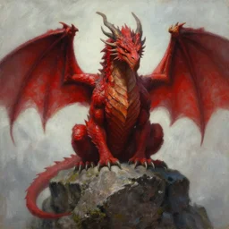a movie still frame, of a stoic red dragon sitting on a large rock, oil on linen, detailed painting, by tooth wu, artgerm, fantasy concept art portrait, by bayard wu,