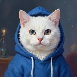 colorful and Festive Captivating mage white kitten, with a blue hoodie, serious looking, atmospheric lighting, painted, intricate, highly detailed by Charlie Bowater