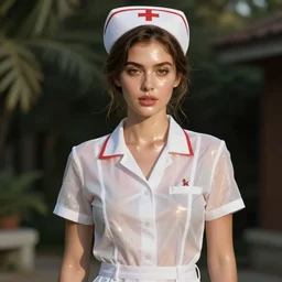 glamorous and sexy nurse in transparent blouse, beautiful, pearlescent skin, natural beauty, seductive eyes and face, elegant girl, natural beauty, very detailed face, seductive lady, full body portrait, natural lights, photorealism, summer vibrancy, cinematic, a portrait by artgerm, rossdraws, Norman Rockwell, magali villeneuve, Gil Elvgren, Alberto Vargas, Earl Moran, Enoch Bolles