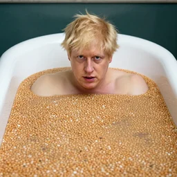 boris johnson baving in a bathtub full of beans