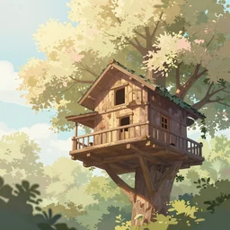 wayne white, light yellow forest illustration artstation, close up of treehouse high up in trees, light pink and green foliage, muted colors, sun shining through big clouds, light blue, concept art, photo-real, cinematic, 8k