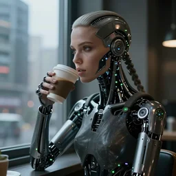a terminator cyborg lady with borg implants and a young human face is drinking coffee near a window with dystopian city visible outside. tiny green led lights in her cybernetics. very detailed 8 k. horror cyberpunk style.