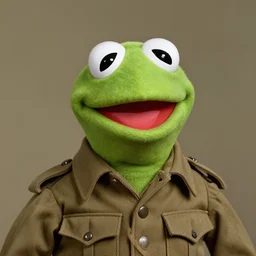 grainy 1940’s WWII military portrait of an anthropomorphic frog muppet dressed like a soldier, professional portrait HD, frog, frog head, authentic, Kermit, muppet
