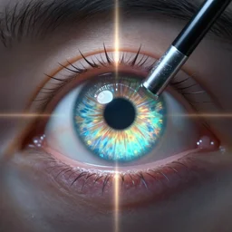 tapping eyeball with golf club, hd ultra flourescent power lense artstation god rays