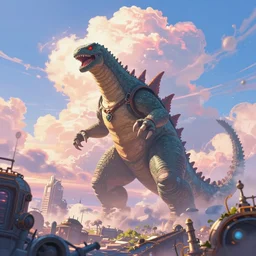 scifi concept art of a kaiju monster attacking an steampunk city ayami kojima, cumulonimbus clouds, sunset, chaotic atmosphere, very very very beautiful art, cinematic lighting, bright pastel color, blue sky