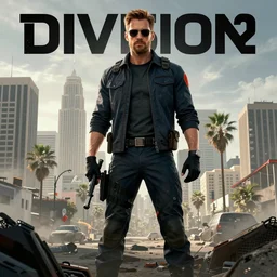 the division 2 poster set in an apocalyptic los angeles, agent standing with a gun in the foreground, cinematic, 4 k