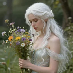 highly detailed ilustration of a beautiful white haired woman as a fairy princess in a garden holding a bunch of wild flowers, deep focus, d & d, fantasy, intricate, elegant, highly detailed, digital painting, artstation, concept art, matte, sharp focus, illustration, hearthstone, art by artgerm and greg rutkowski and alphonse mucha