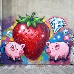 urban art graffiti with strawberry, sparkling diamond, pigs, spray paint