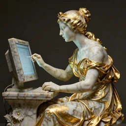marble sculpture of a woman programming the samsara computer, hi tech, dramatic lighting, stunning, visionary, hyper realistic, beautiful, wow, gilt metal, rich marbles, by gian lorenzo bernini, by jean delville, sharp