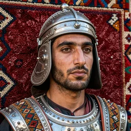 close up portrait of a carpeted figure of a Iranian warrior, anatomically correct, colourful, lots of detail, depth of field, intricate, delicate, by Jonas Jensen, Magnum photos