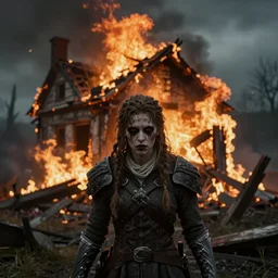 a photo of a house burning down in the background and elden ring with an eerie expression in the foreground, strong depth of field