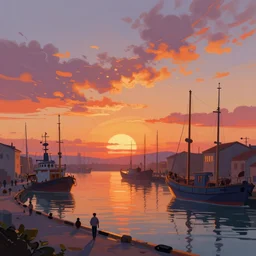 concept art by jama jurabaev, cel shaded, cinematic shot, trending on artstation, high quality, brush stroke, vibrant colors, sunrise goes back and forth in the port of impression