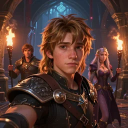 selfie portrait of paladin boy and mage girl   walking in dungeon with torch, mattepainting concept Blizzard pixar maya engine on stylized background splash comics global illumination lighting artstation  lois van baarle, ilya kuvshinov, rossdraws