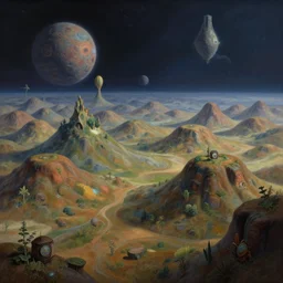 A strange hills biome and on an alien science-fiction planet, beautiful matte painting, Moebius, frank frazetta, sid mead, james gurney, thomas kinkade, rodney mathews, trending on artstation