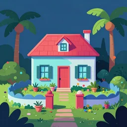 a typical house in a creole garden from reunion island concept art, kurzgesagt style. colourful 2 d cartoon, matte background, luminescent. behance contest winner
