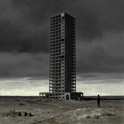 a desolate landscape with a lonely looming brutalist tower in the center, drawn by tsutomu nihei and painted by zdzislaw beksinski