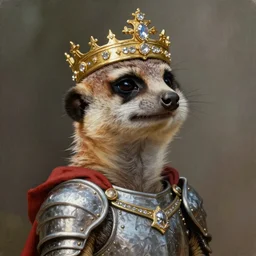 detailed photorealistic painting of a meerkat wearing a highly detailed ornamented gold crown with diamonds, in a medieval knight armor with red cape , sharp focus in the style of ruan jia, Mandy jurgens, cinematic light, concept art, trending on artstation, ultra realistic