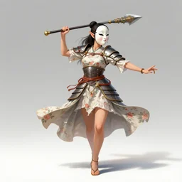 female changeling dancer in floral - patterned light armor, wielding a decorated halberd, barefoot in sandals, wearing noh theatre mask, capricious, energetic, provocative, realistic proportions, reasonable fantasy, in the style of dnd illustration, tabletop rpg.