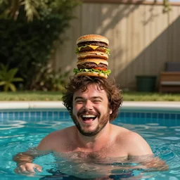 jack black cooking hamburgers on his head, in a pool, and he's laughing.