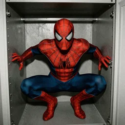 grainy photo of spider - man as a creepy monster in a closet, harsh flash