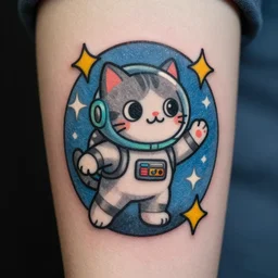 cartoonised cat in space tattoo