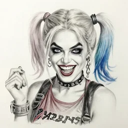 a pencil drawing of harley quinn, insanely detailed