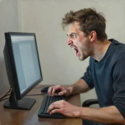 an angry man yells at his computer monitor, oil on canvas, highly detailed