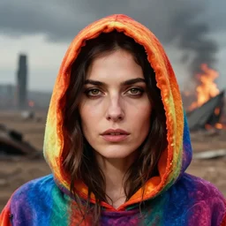 closeup portrait of a woman with a hood made of rainbows and fire, standing in a desolate apocalyptic landscape, by Annie Leibovitz and Steve McCurry, natural light, detailed face, CANON Eos C300, ƒ1.8, 35mm, 8K, medium-format print