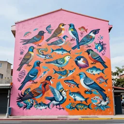a huge mural in pink and orange, showing a miriad of mixing birds and fish, urban Street art
