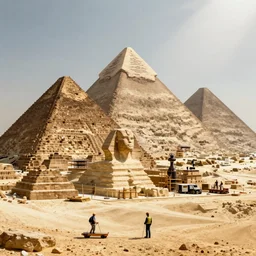 A modern day construction crew building the great pyramids of Giza
