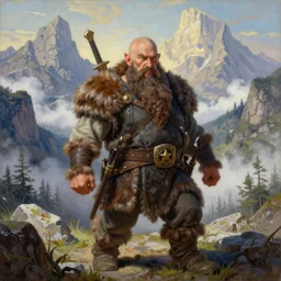 a highly detailed symmetrical airbrush painting of a bald warrior male dwarf with long brown beard in a mountainous landscape, morning, dynamic lighting, ambient lighting, art by artgerm, mark brooks, jason edmiston, frank frazetta and glenn fabry