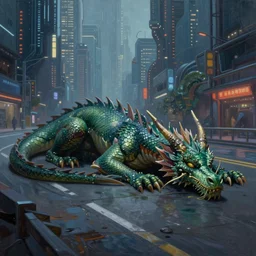 dragon sleeping on a road in a cyberpunk city. by Daniel F. Gerhartz, hyperrealistic oil painting, 4k, studio lightning
