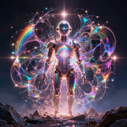 a futuristic wolrd of machine with dmt visions in a high spiritual world, colorful, rainbow, glow - in - the - dark, fractoluminescence, refractive, plasma, electric