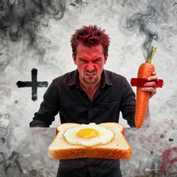 ( ( ( red + black + ( photo * angry man ) ) / ( egg * carrot * toast ) ) + ( smoke * background ) ) = ( wall + graffiti )