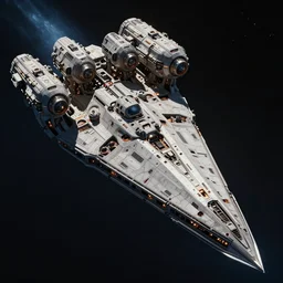 a massive spaceship traveling through space by john berkey, it has the shape of an spear and six massive trusters in the back, megalitic, imposing, scifi, cinematic lighting, artstation hq