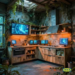 IKEA catalogue photo, high end farm house style kitchen, tv screens, monitors, cyberpunk with neon lighting, cyan, orange, organic, vines, decay, by Beksiński