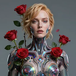 portrait of christina hendricks as a cyberpunk cyborg. roses, sci - fi, intricate abstract upper body intricate artwork, by tooth wu, wlop, beeple, dan mumford. concept art, octane render, deviantart, greg rutkowski, cinematic arthouse, key art, hyper realism, iridescent accents